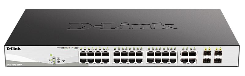 Коммутатор D-Link PROJ Настраиваемый L2 PoE-коммутатор, 24x1000Base-T PoE, 4хCombo 1000Base-T/SFP, PoE-бюджет 370 Вт, упрощенный интерфейс CLI, DGS-1210-28MP/F4A