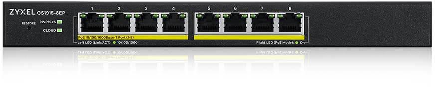 Коммутатор/ Zyxel NebulaFlex GS1915-8EP Hybrid Smart L2 PoE+ Switch, 8xGE PoE+, Silent (No Fan), 60W PoE Budget, Standalone/Cloud Management, GS1915-8EP-EU0101F