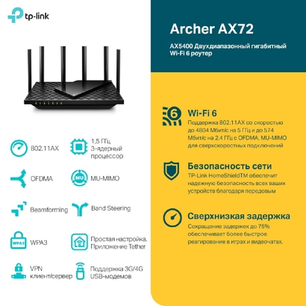 TP-Link Archer AX72 Двухдиапазонный гигабитный роутер Wi-Fi AX5400 с поддержкой Mesh
