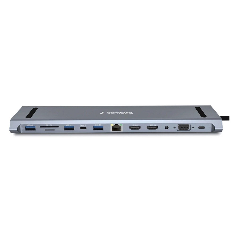 Gembird Док-станция Type-C,12в1: 2xUSB3.1,USB2.0, RJ45,PD87W, Jack3.5, SD/TF, 2xHDMI, VGA,Type-C (UHB-D6)