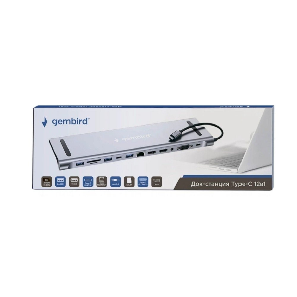Gembird Док-станция Type-C,12в1: 2xUSB3.1,USB2.0, RJ45,PD87W, Jack3.5, SD/TF, 2xHDMI, VGA,Type-C (UHB-D6)