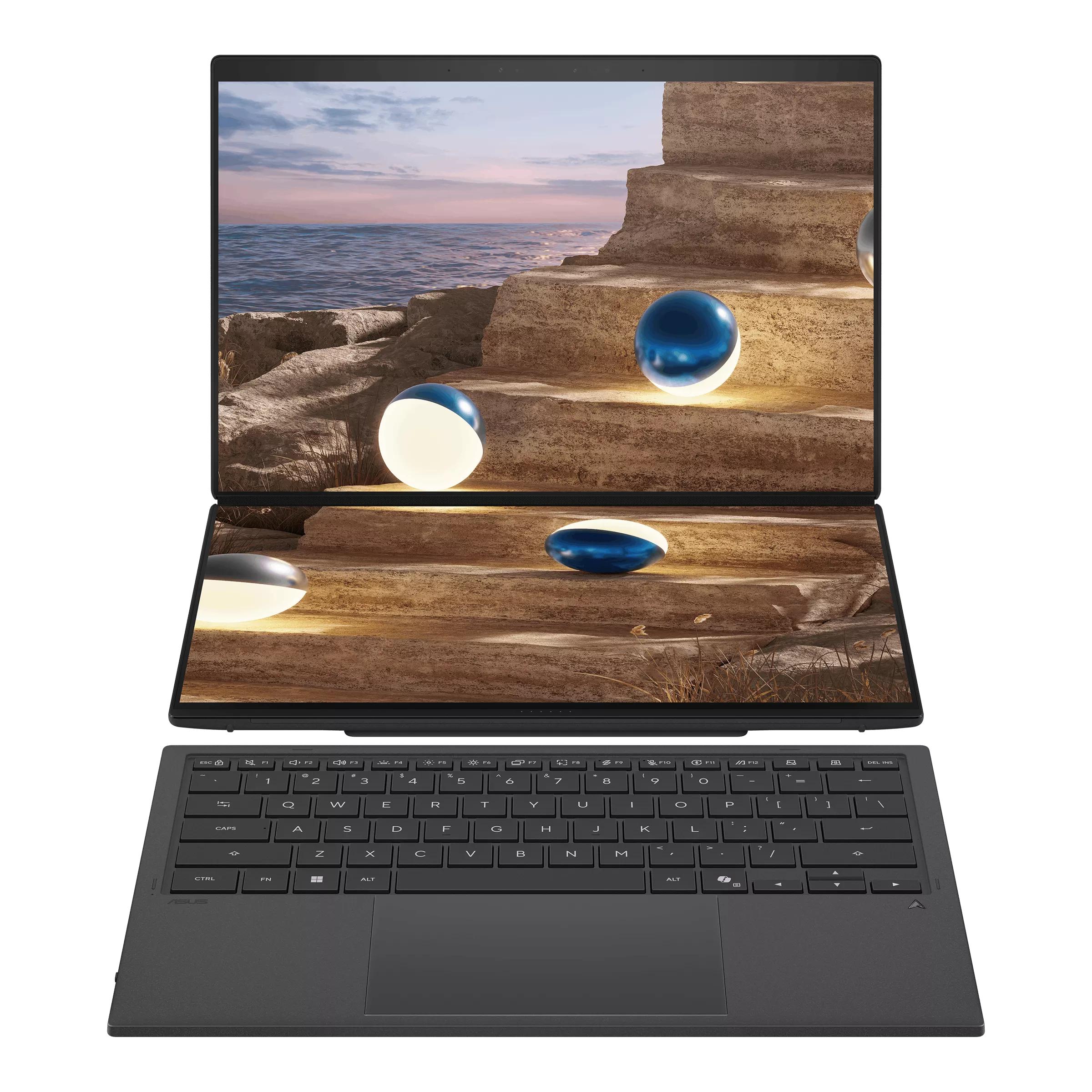 Ноутбук/ ASUS UX8407AA-SN537X Duo Touch 14+14"(2880x1800 OLED 16:10)/Touch/Intel Core Ultra X9 378H(2Ghz)/32768Mb/2TbPCISSDGb/noDVD/Int:Intel Graphics/Cam/BT/WiFi/99WHr/war 1y/1.65kg/Moher Gray/Win11Pro + 2х14" экрана; маг-алюм корп; +стилус, 90NB16V1-M00VT0